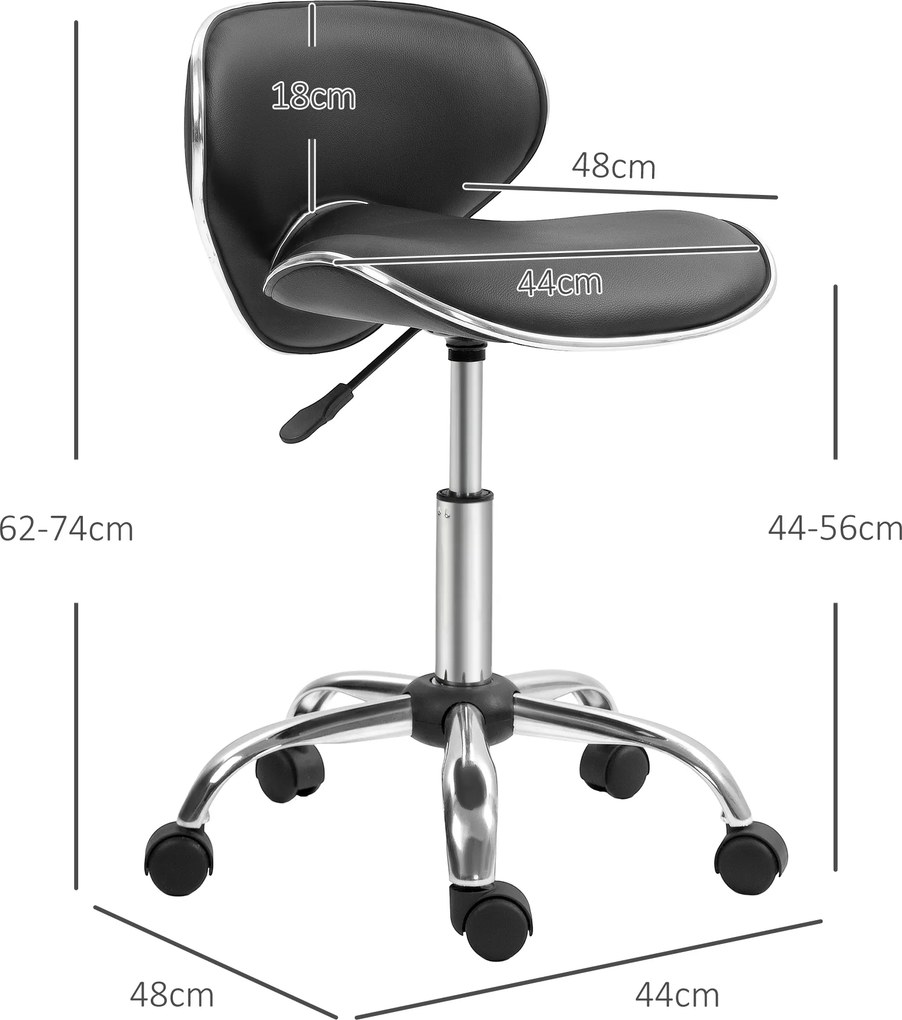 Banco com rodas, banco de trabalho com altura ajustável de 44 a 56 cm e encosto, giratório a 360°, preto