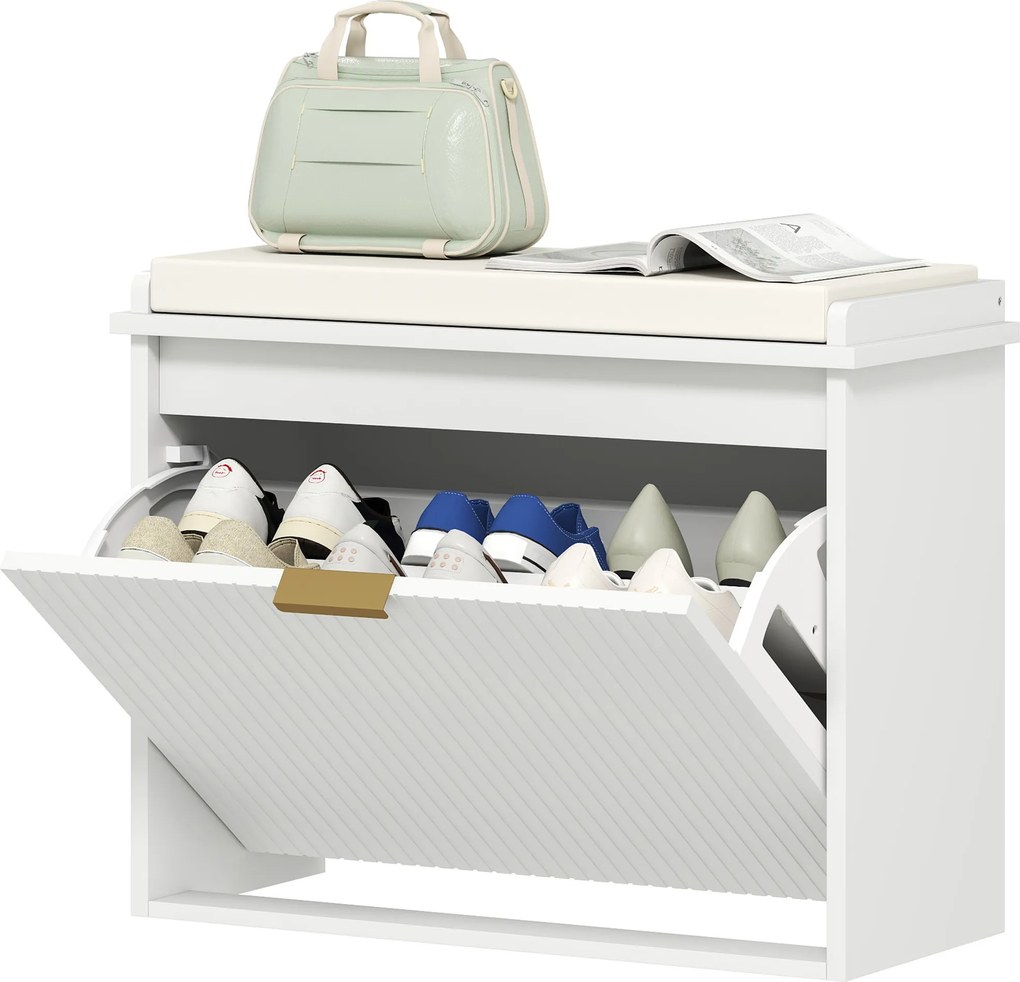 Banco spateira 62 x 26 x 47,5 cm com almofada de assento estofada e gaveta rebatível para o corredor ou quarto, branco
