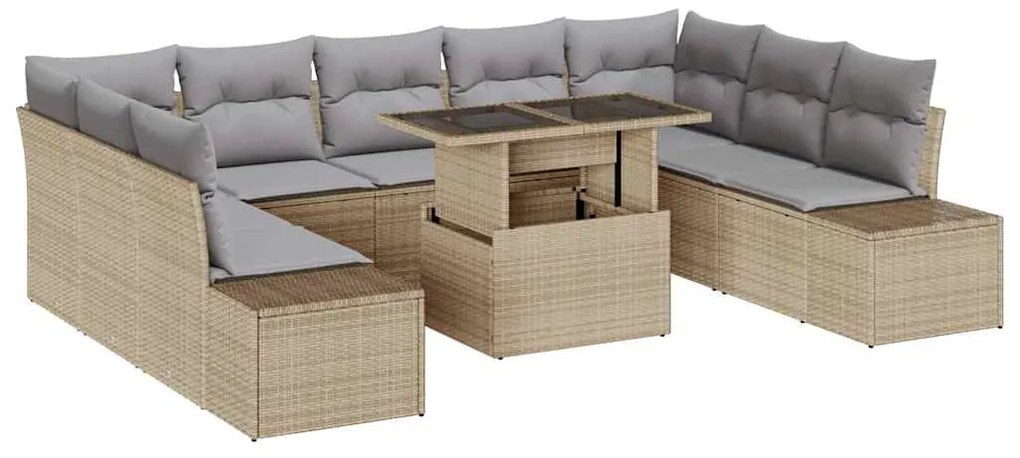 Conjunto de Sofás de Jardim com 10 Peças e Almofadas Bege de Rattan Si