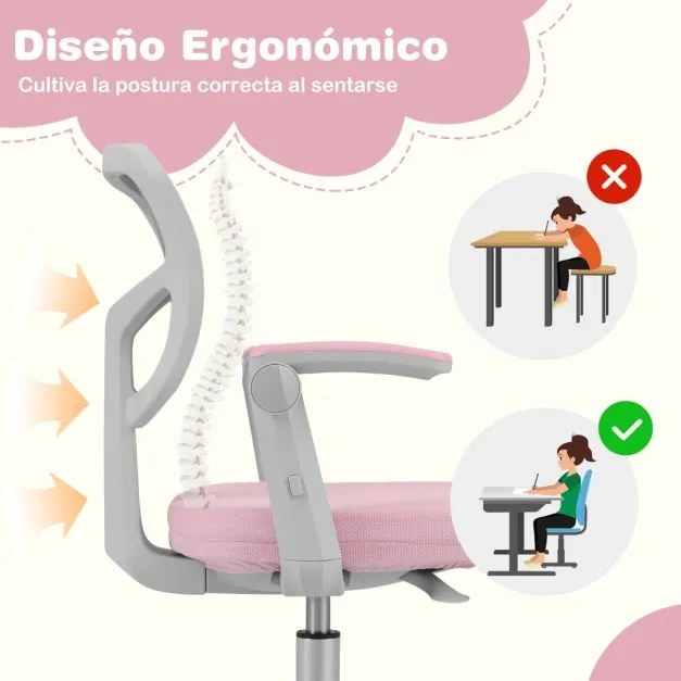 Cadeira de escritório para crianças com apoios de braços, apoio para os pés e rodas universais com altura ajustável 57 x 55 x 80-91 cm Rosa