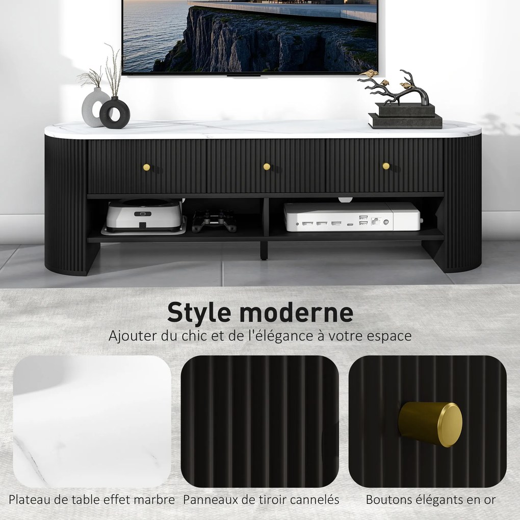 Móvel para TV de 140 cm, móvel para televisor de 65 polegadas com efeito de mármore, 3 gavetas com frentes caneladas e 2 prateleiras pretas