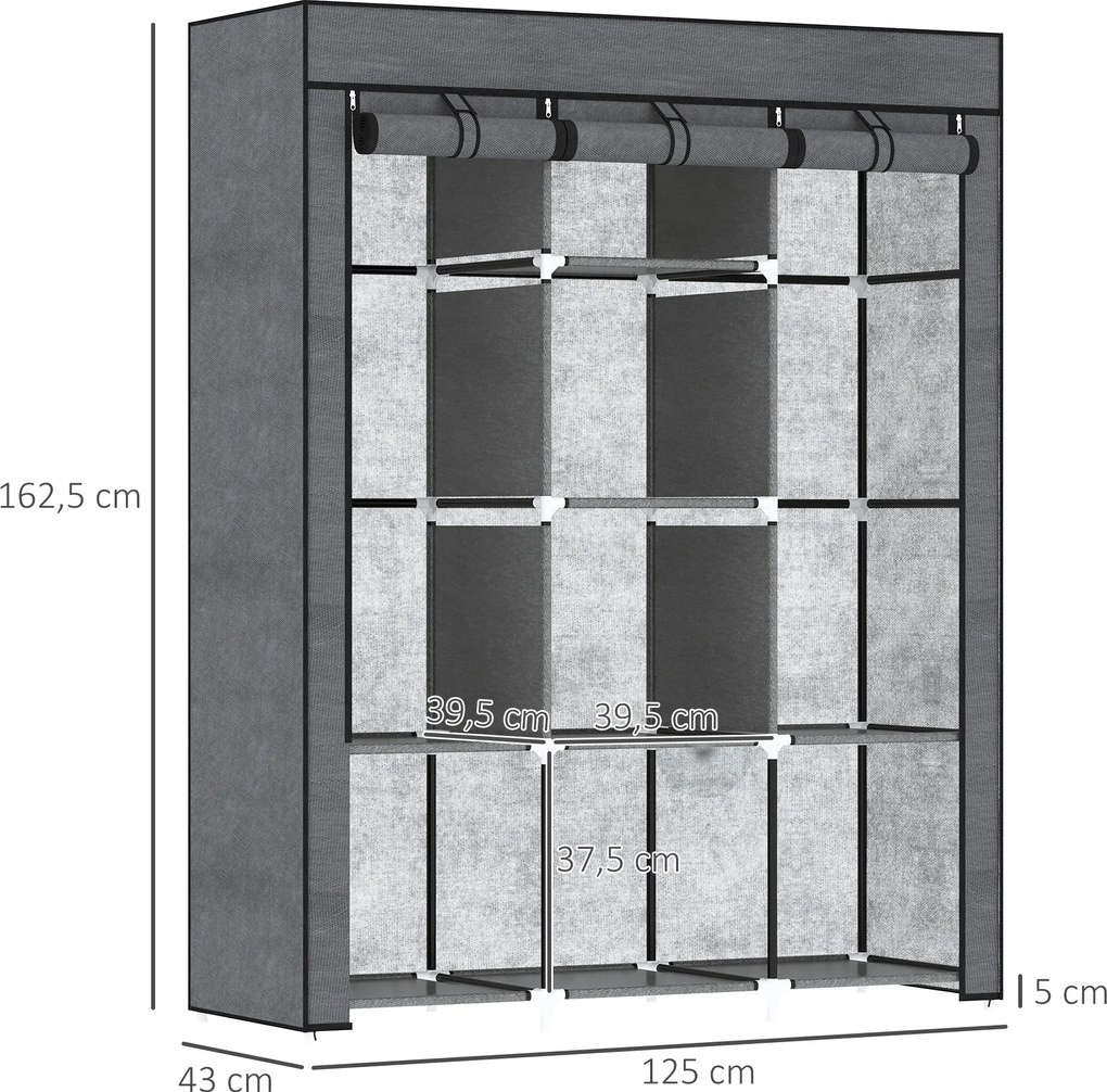 Guarda Roupa de Tecido Dobrável com 8 Prateleiras de Armazenamento e 2 Barras de Pendurar 125x43x162,5 cm Cinzento