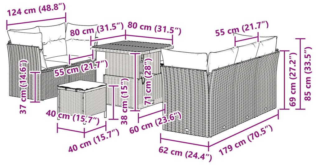 Conjunto de Sofás de Jardim de 8 Peças com Almofadas Rattan Preto Acác