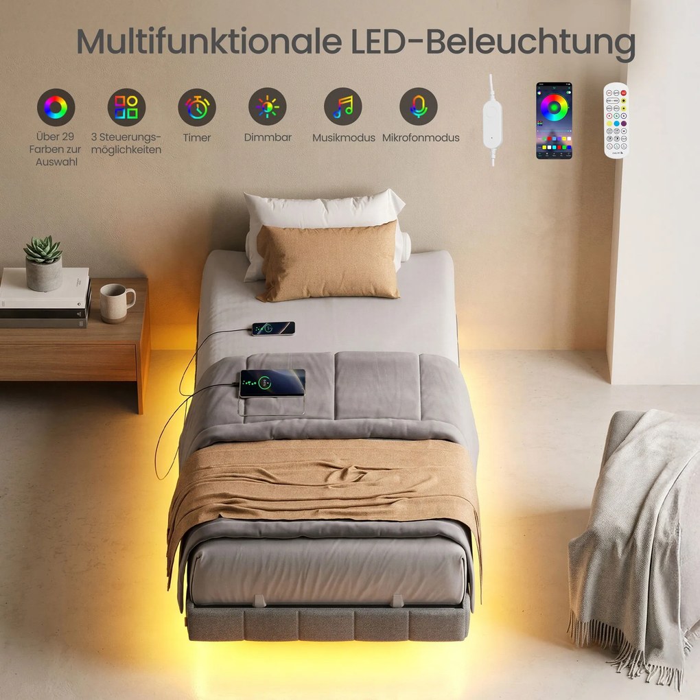 Estrutura de cama 90 x 200 cm (COLCHÃO NÃO INCLUIDO), com iluminação LED, base de cama cinzenta