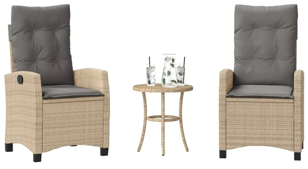 vidaXL 3 pcs conjunto bistrô com almofadões vime PE bege misturado