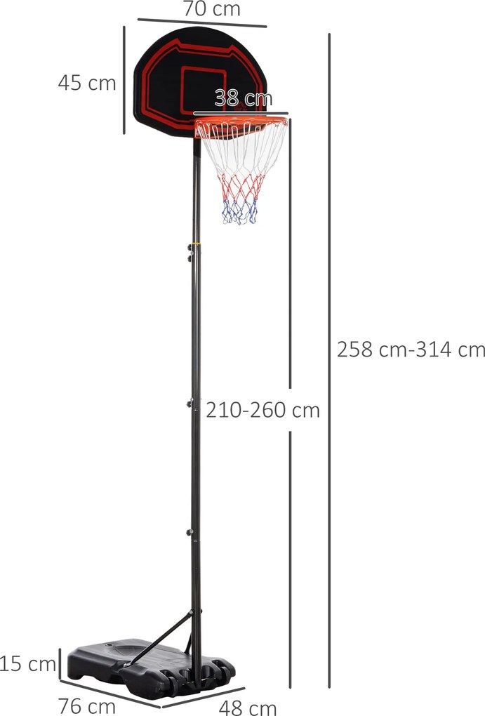 Cesto de basquetebol para exterior com poste e tabela, base de lastro com Rodas, altura ajustável de 2,1 a 2,6 m (cesto) preto, vermelho