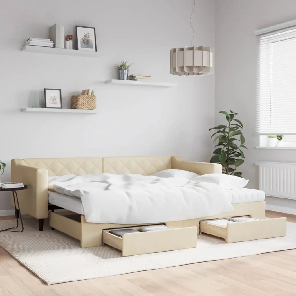 vidaXL Sofá-cama com gavetão e gavetas 90x200 cm tecido cor creme