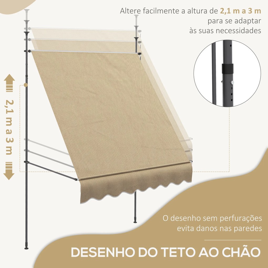 Toldo Manual Retrátil com Manivela 200x120x210-300 cm com Altura Ajustável Impermeável para Jardim Varanda Bege