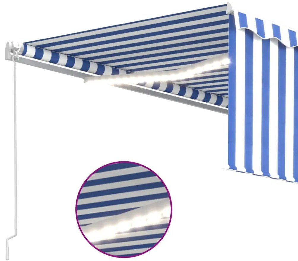 Toldo retrátil manual com estore/LED 4,5x3 m azul e branco