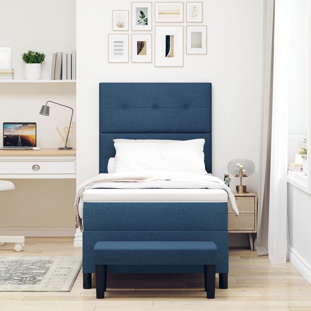 Cama Box Spring com Colchão e Banco Azul 90x190 cm Tecido
