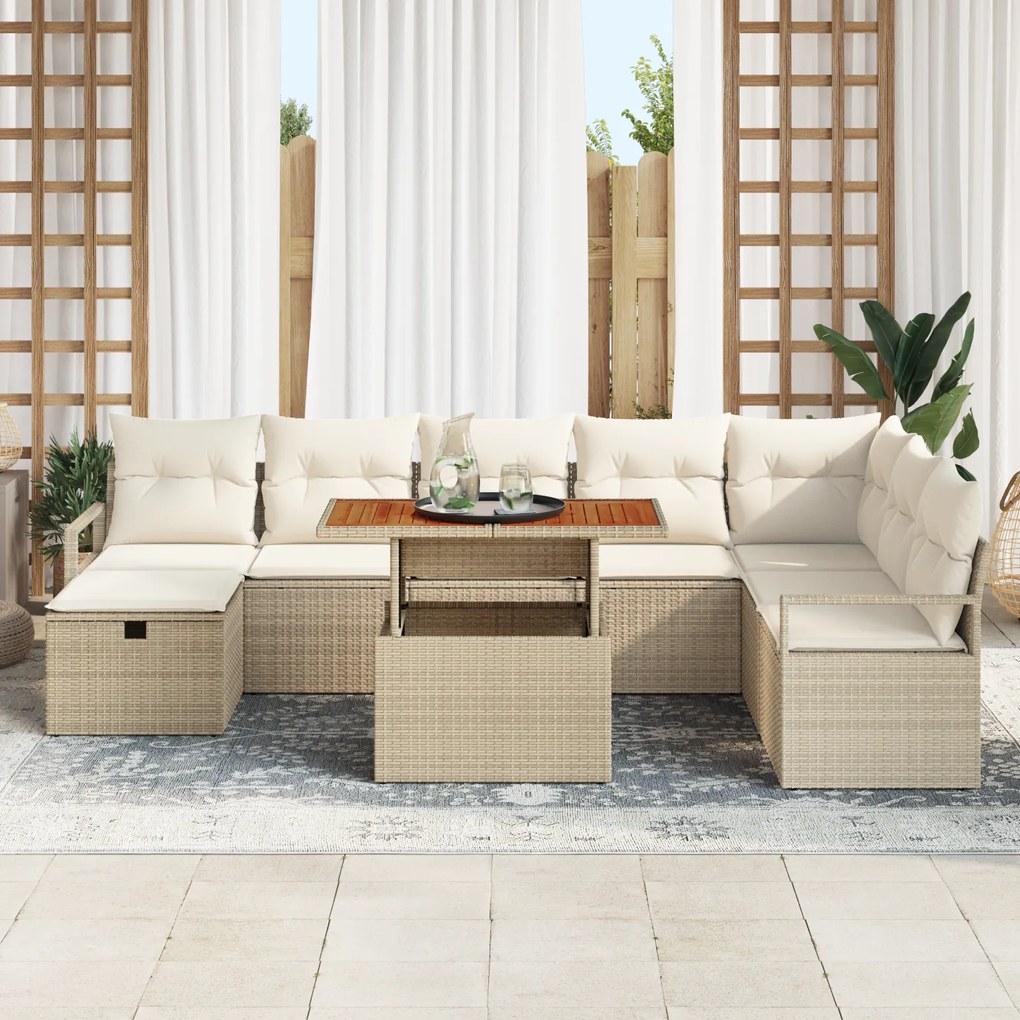 Conjunto de Sofás de Jardim de 9 peças com Almofadas Bege Rattan Polié