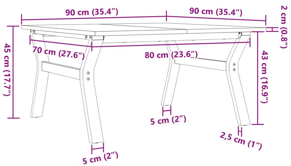 Mesa de centro estrutura em Y 90x90x45 cm pinho e aço
