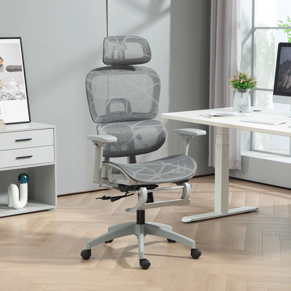 Cadeira de escritório, 66x64x122 cm ergonómica em malha com braços 3D, encosto reclinável, cinzenta