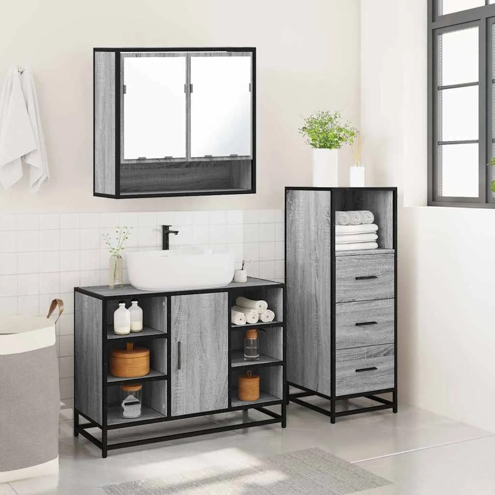3 pcs Conjunto móveis casa de banho madeira proc. cinza sonoma