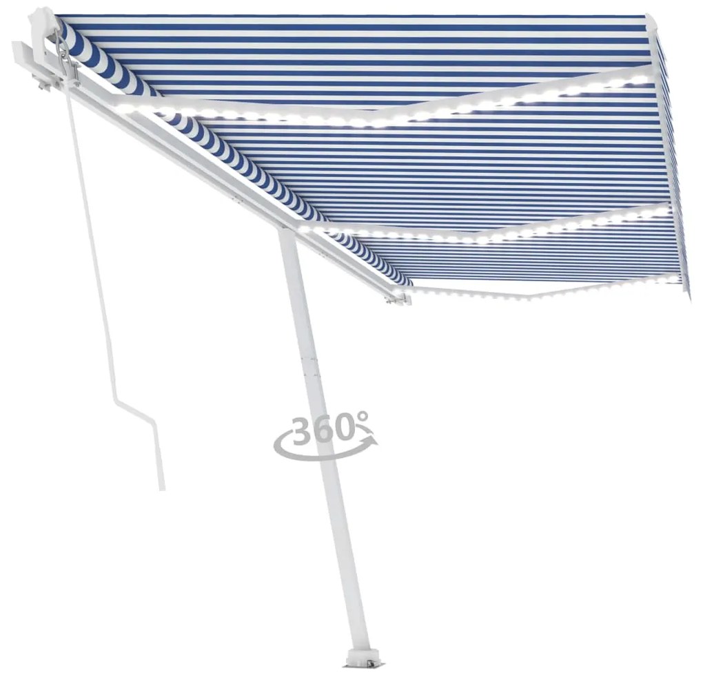 Toldo retrátil manual com LED 600x350 cm azul e branco