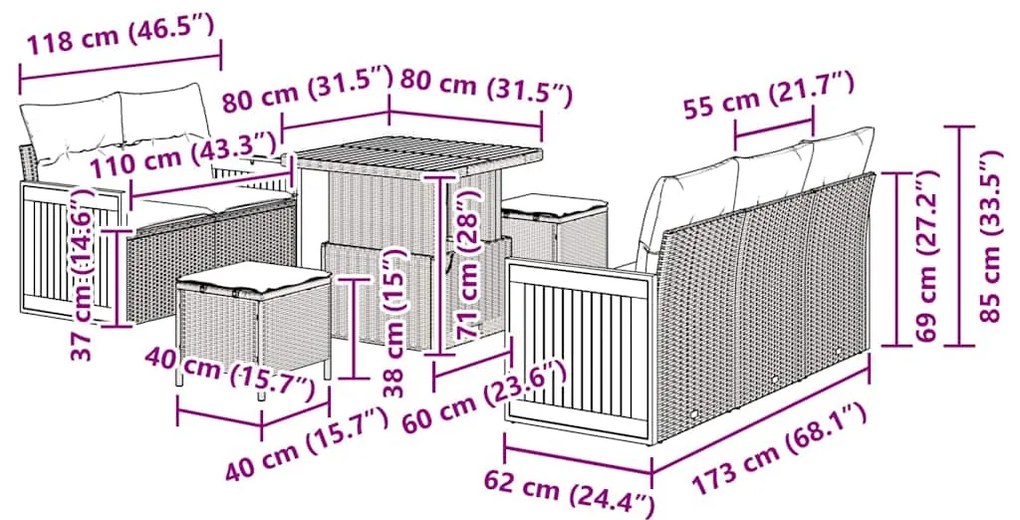 Conjunto de Sofá de Jardim vidaXL de 8 Peças com Almofadas Bege Rattan