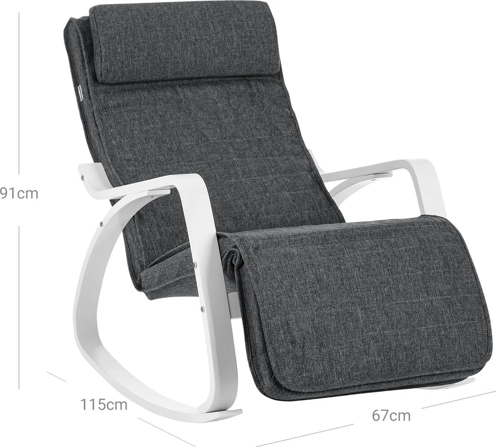 Cadeira de baloiço com apoio para os pés regulável em 5 direcções Cinzento escuro + branco