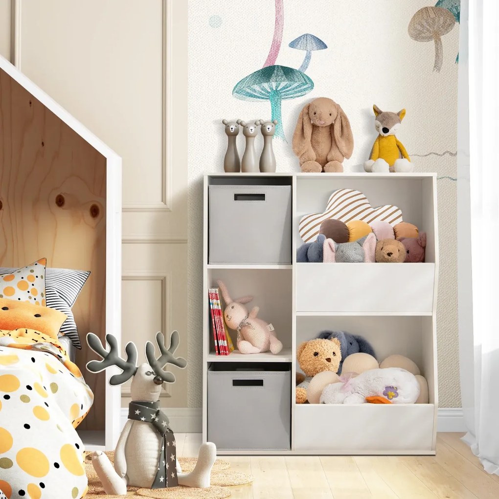 Estante infantil de 5 cubículos com 2 recipientes de tecido Estante de arrumação com compartimentos abertos para quarto de bebé Branco