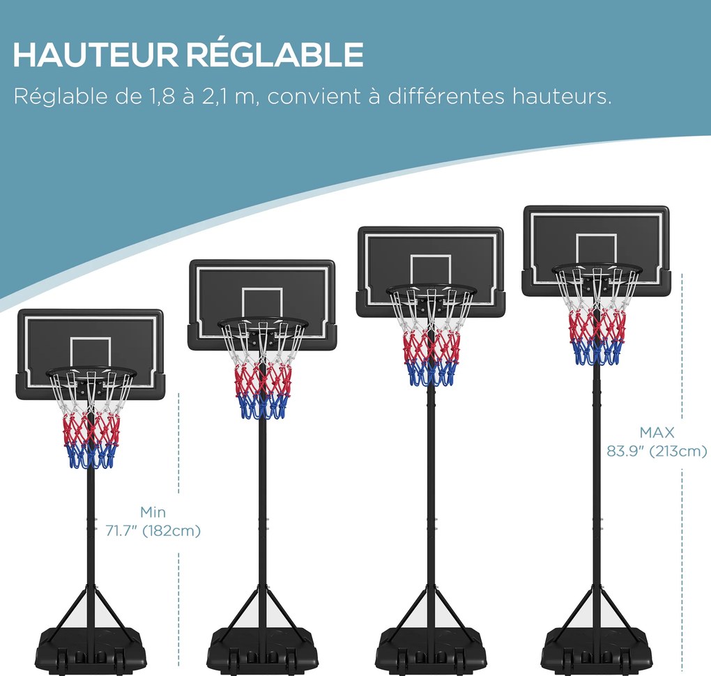 Cesto de basquetebol para exterior com altura ajustável de 182-213/220-250 cm, cesto de basquetebol com base e Rodas, preto