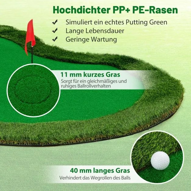 Tapete profissional para golfe 300 x 150 cm  com 3 buracos e bolas de golfe para casa, verde