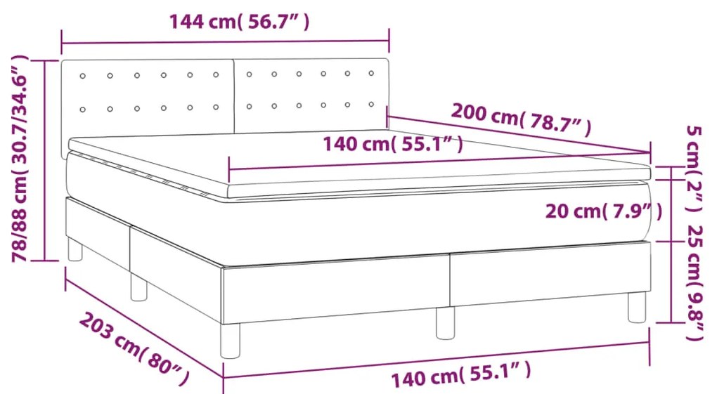 Cama box spring c/ colchão e LED 140x200 cm tecido azul