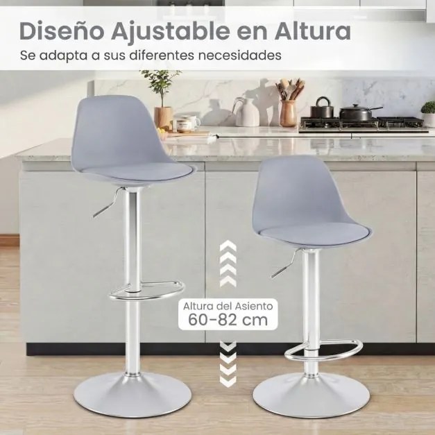 Conjunto de 2 bancos giratórios de bar com encosto ajustável em altura, estofados em couro sintético e apoio para os pés cinza e prata