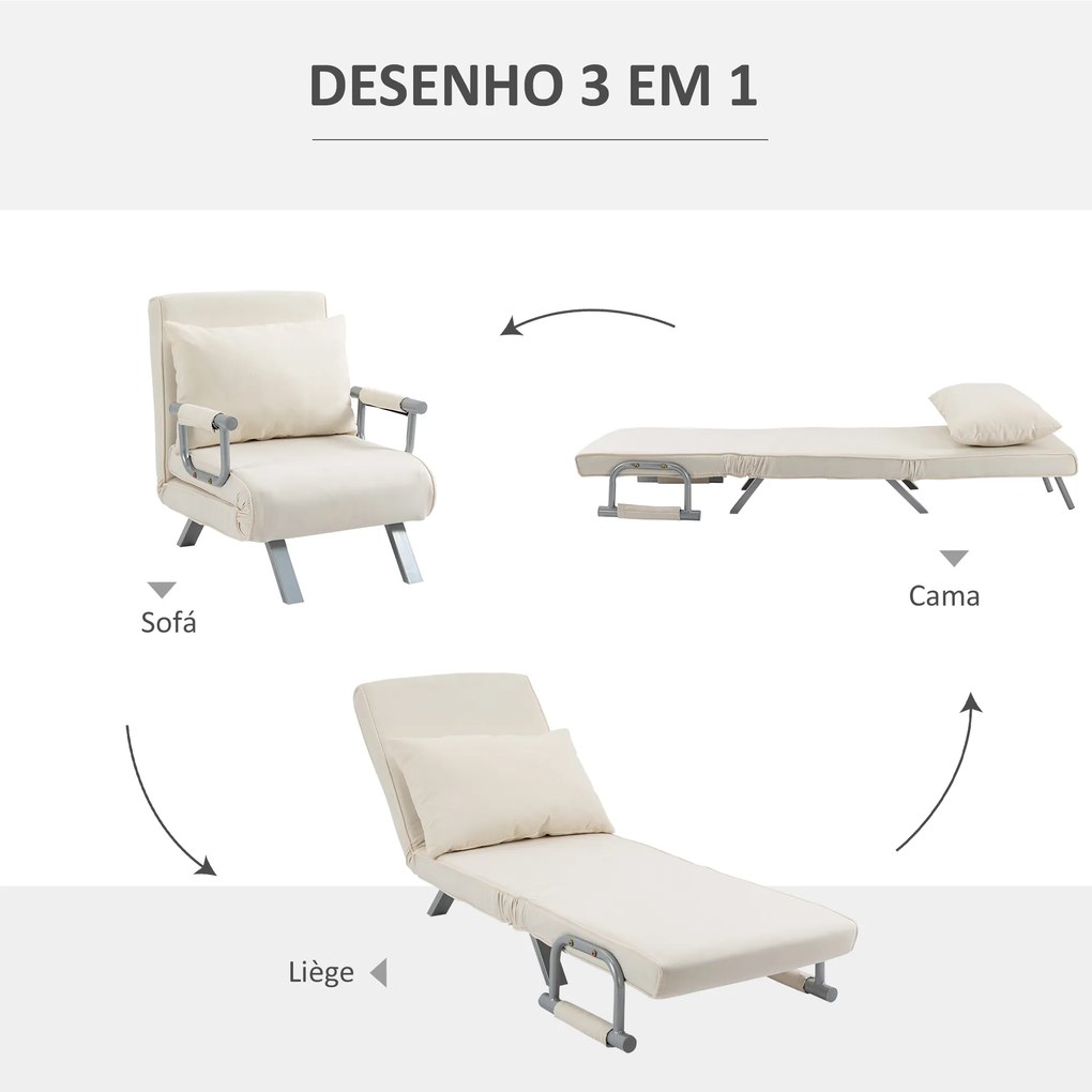 Sofá Cama Individual Sofá Cama Individual Sofá Reclinável com Almofada para Sala Quarto Carga 100 kg 65x69x80 cm Creme