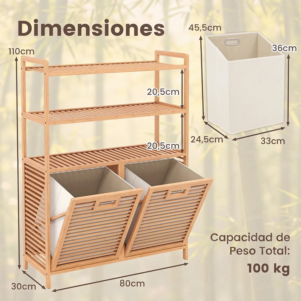 Móvel para Roupa Suja, 80 x 30 x 110 cm, 2 Cestas Removíveis, Natural