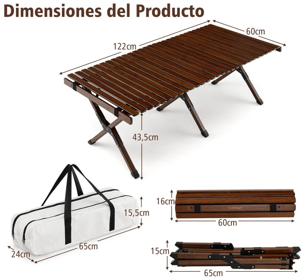 Mesa dobrável Campismo de bambu Mesa de piquenique portátil com bolsa de transporte para churrasco Pátio Jardim Praia 122 x 60 x 43,5 cm Café