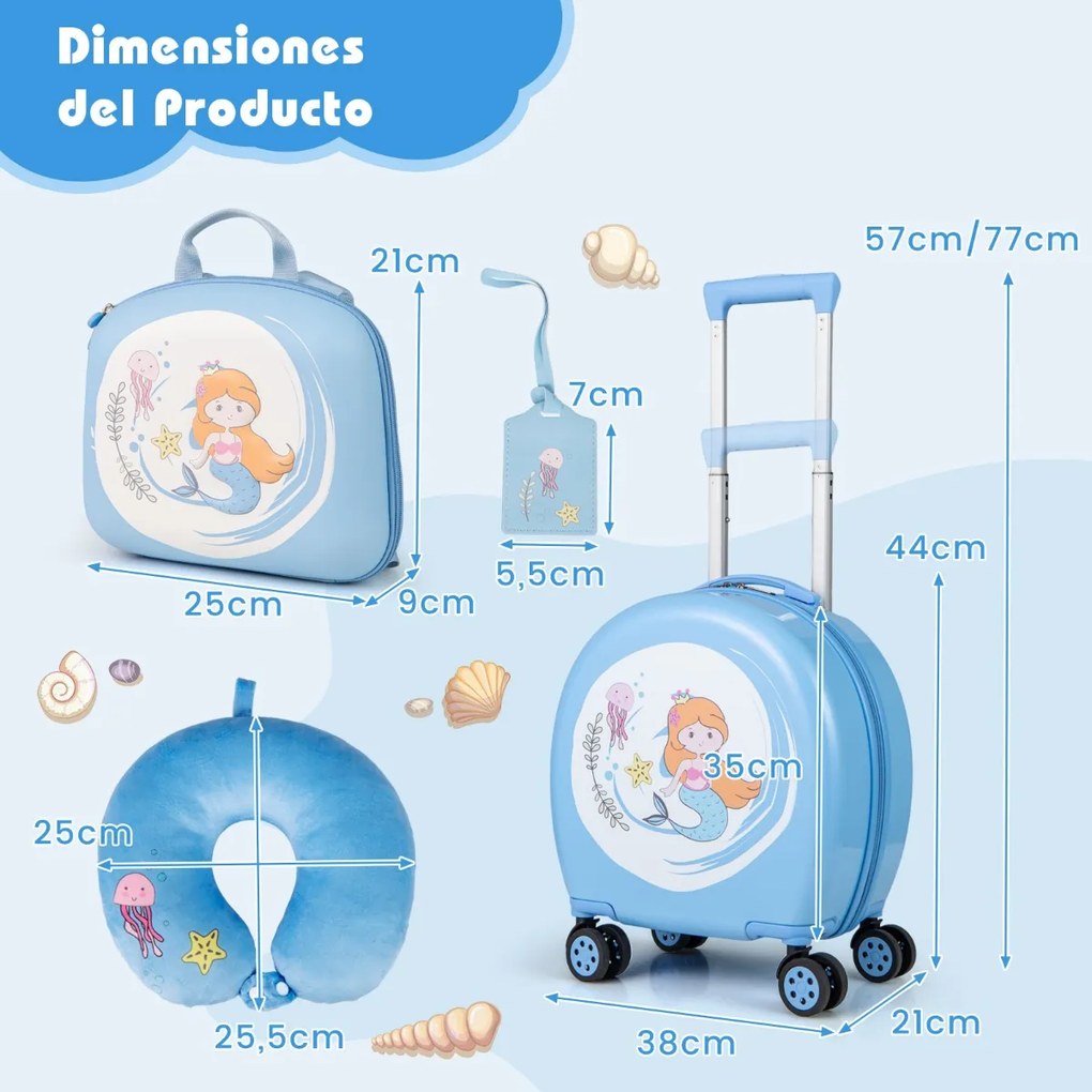 Conjunto de 4 peças malas viagem para crianças com bagagem de mão sobre rodas Mochila Almofada de pescoço e Etiqueta de bagagem azul