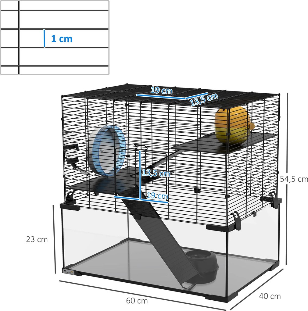 Gaiola para Hamster com Fundo de Vidro Plataformas Comedouro Bebedouro Casa Rampas e Roda de Exercício 60x40x54,5 cm Preto