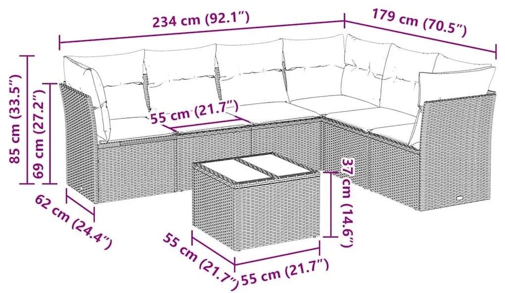 7 pcs conjunto de sofás p/ jardim c/ almofadões vime PE preto