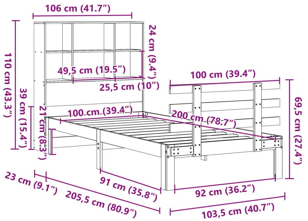 Cama c/ estante sem colchão 100x200cm pinho maciço castanho-mel