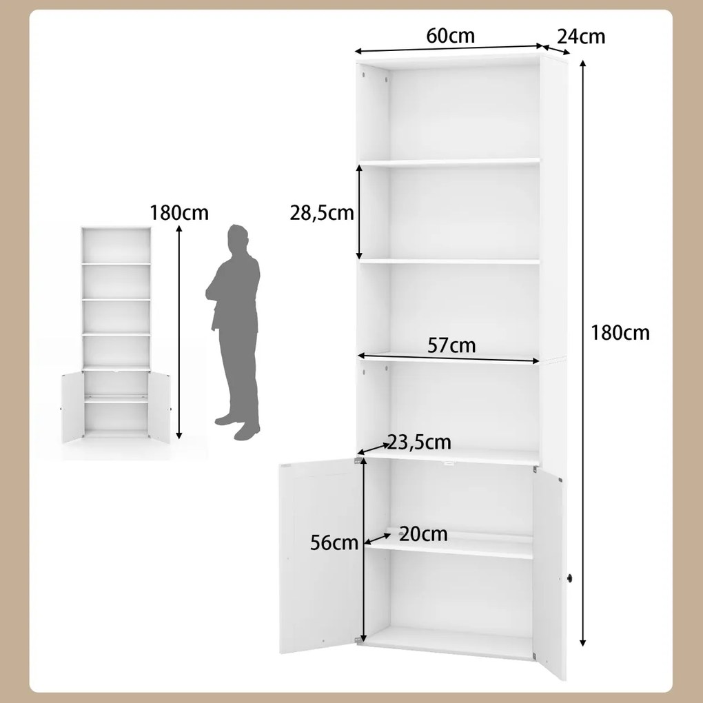 Estante com 2 Portas 6 Prateleiras e Armarios Prateleiras Ajustáveis Estante independente para Sala de Estar Escritório 60 x 24 x 180 cm Branco