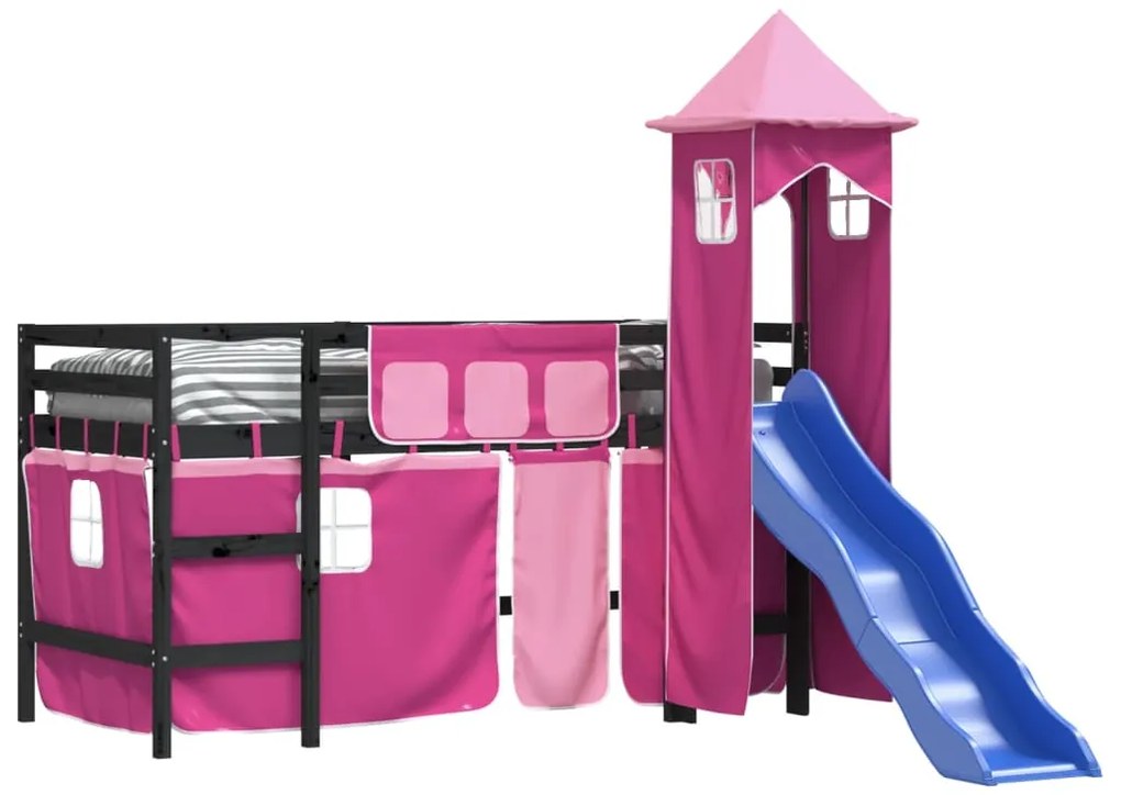 Cama alta para criança com torre 80x200 cm pinho maciço rosa