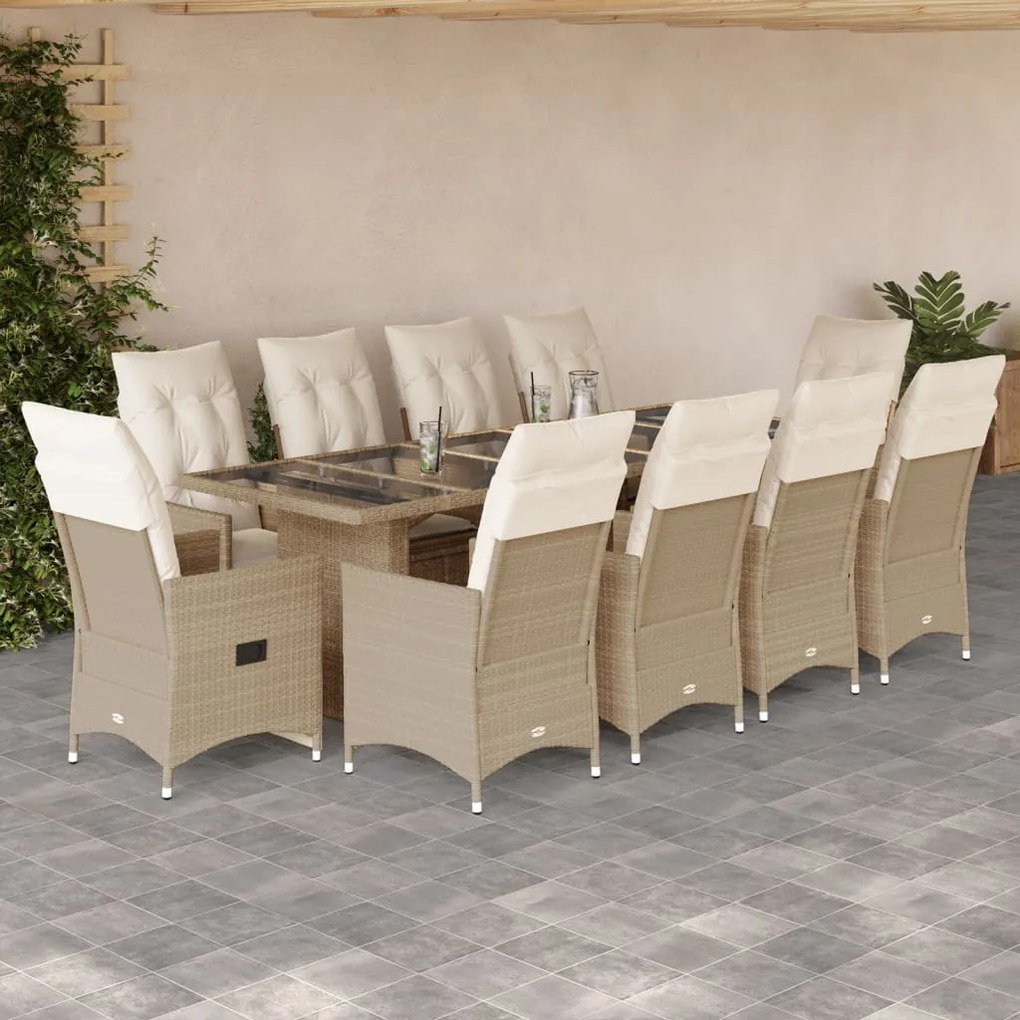 11 pcs conjunto de bistrô p/ jardim c/ almofadões vime PE bege
