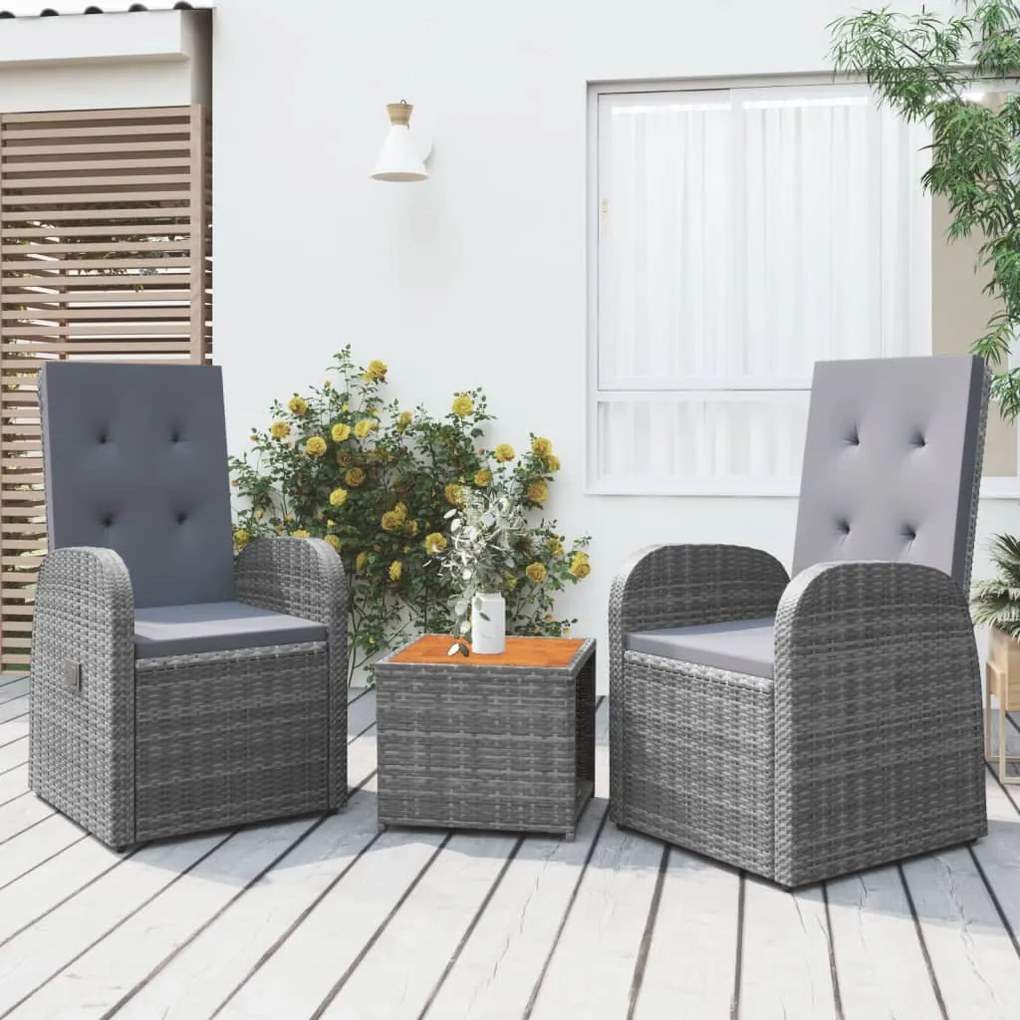 vidaXL 3 pcs conjunto lounge de jardim vime PE/acácia maciça cinza