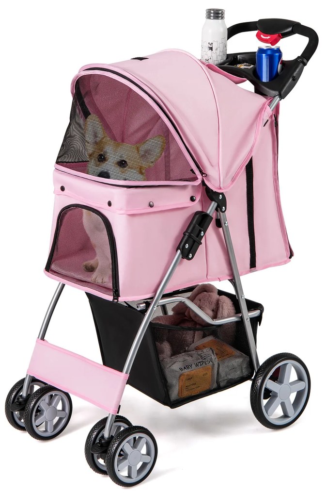 Carrinho de bebê dobrável para animais de estimação com cesto de armazenamento, porta-copos e janela de malha, carrinho de viagem com 4 rodas, vermelho