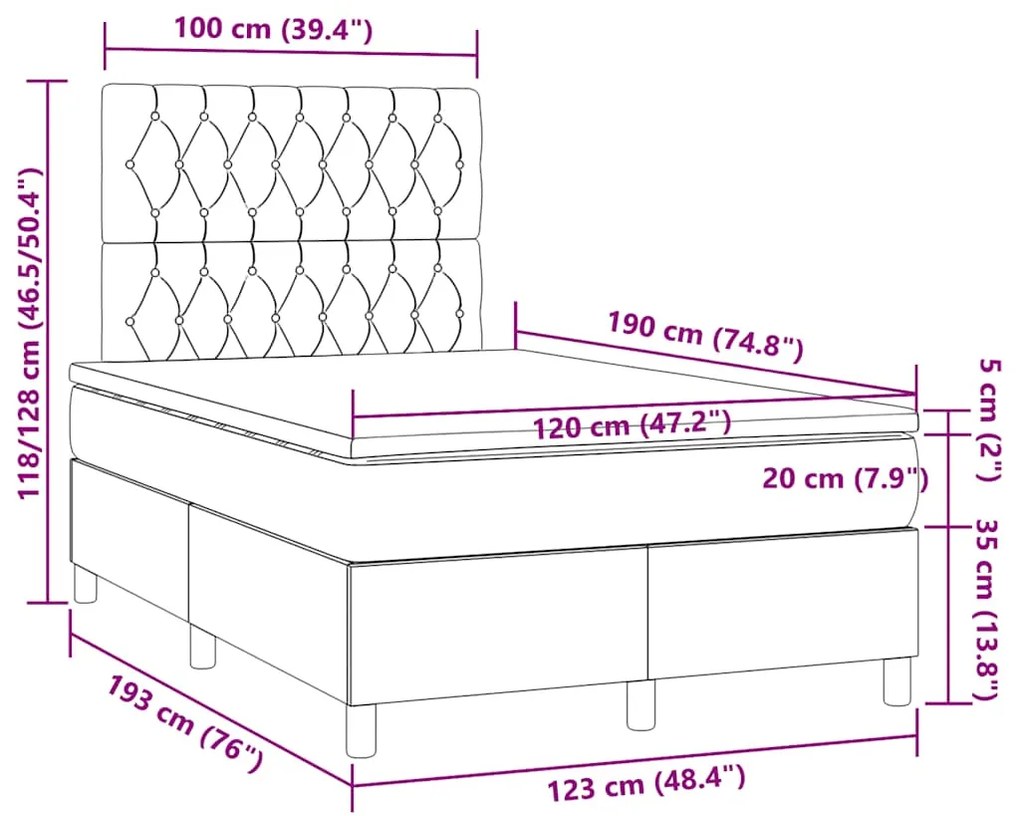 Cama box spring colchão/LED 120x190cm tecido cinza-acastanhado
