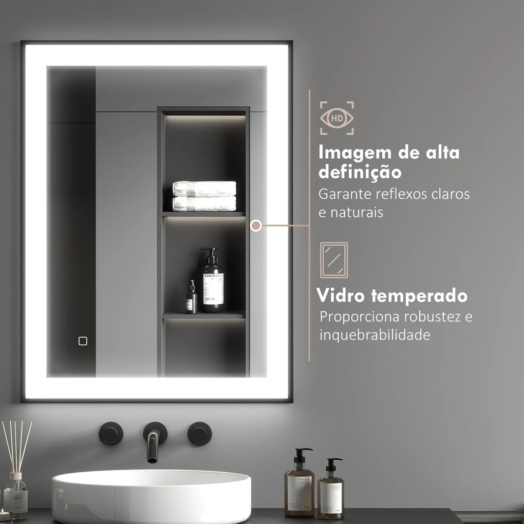 Espelho Casa de Banho com Luz LED 80x60 cm Iluminação Ajustável Função Anti-Embaciamento Função Memória Preto