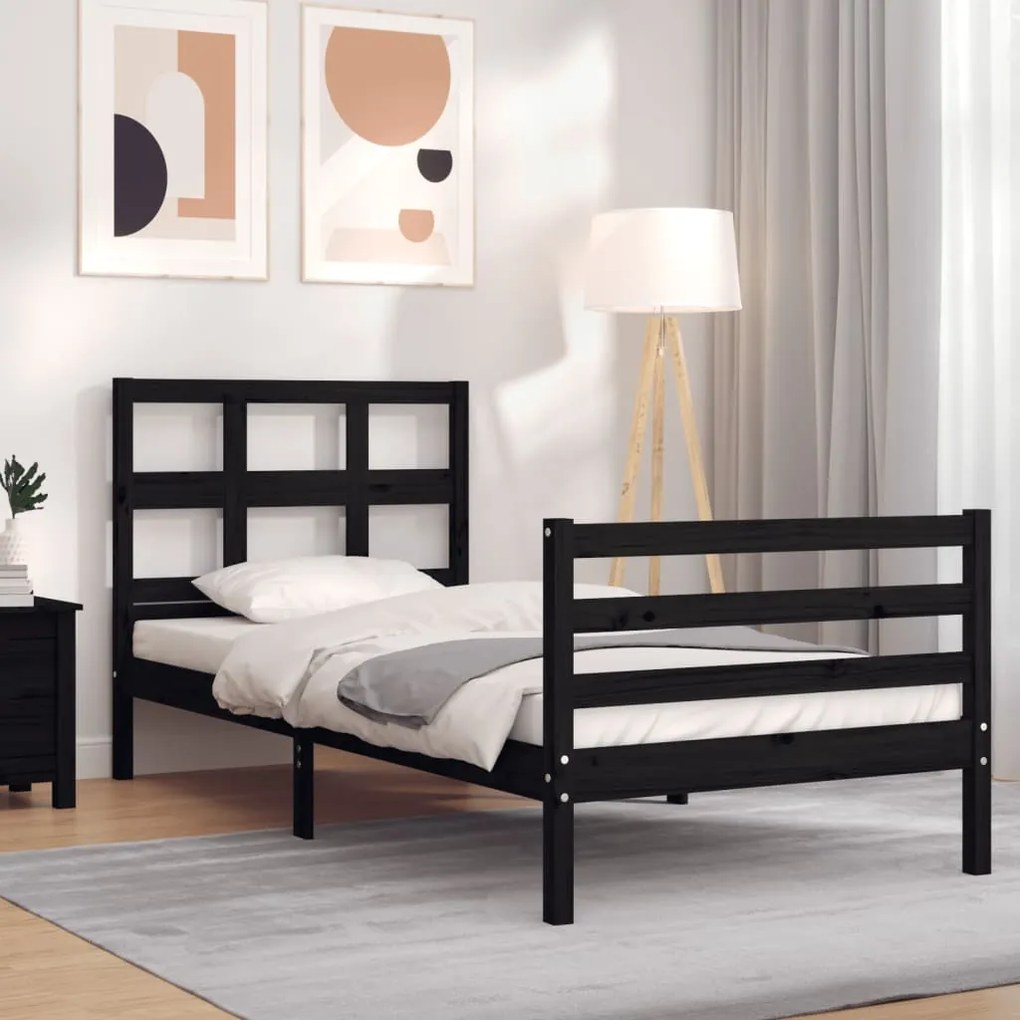 3194820 vidaXL Estrutura de cama com cabeceira 90x200 cm madeira maciça preto