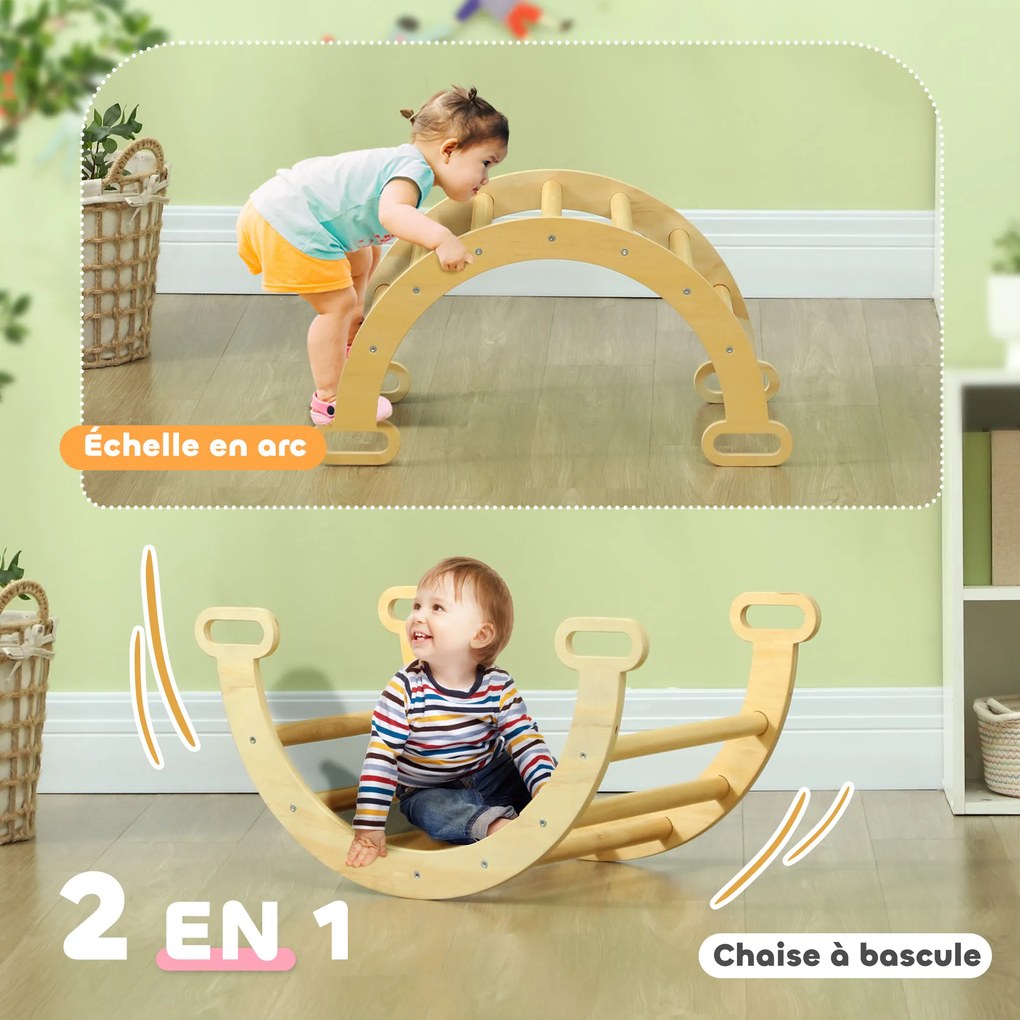 Arco de escalada infantil com baloico em madeira para uso interior, para meninos e meninas, bebés dos 18 aos 48 meses, madeira natural
