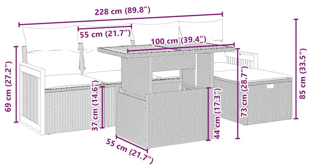 6 pcs conjunto de sofás p/ jardim com almofadões vime PE bege