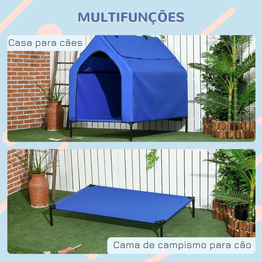 Casa para Cães e Cama Elevada com Cobertura Desmontável e Janela de Malha para Cães Grandes e Extra Grandes 130x85x121 cm Azul