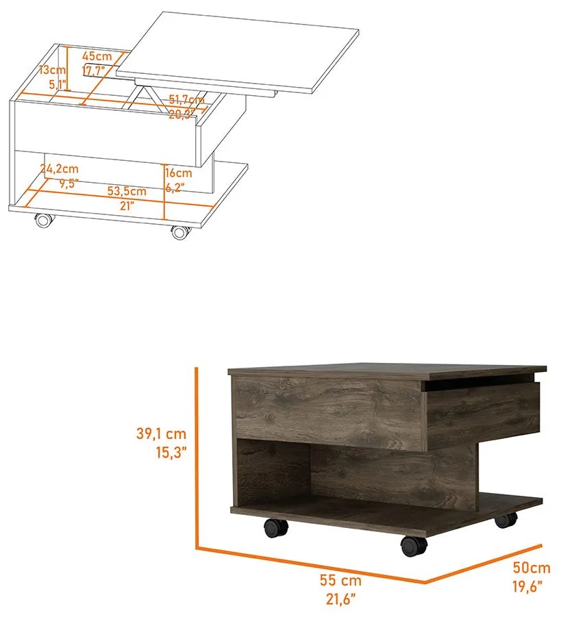 Mesa de centro Luanda com tampo elevável, 1 gaveta e 1 prateleira, 39,1 x 55 x 50 cm castanho escuro