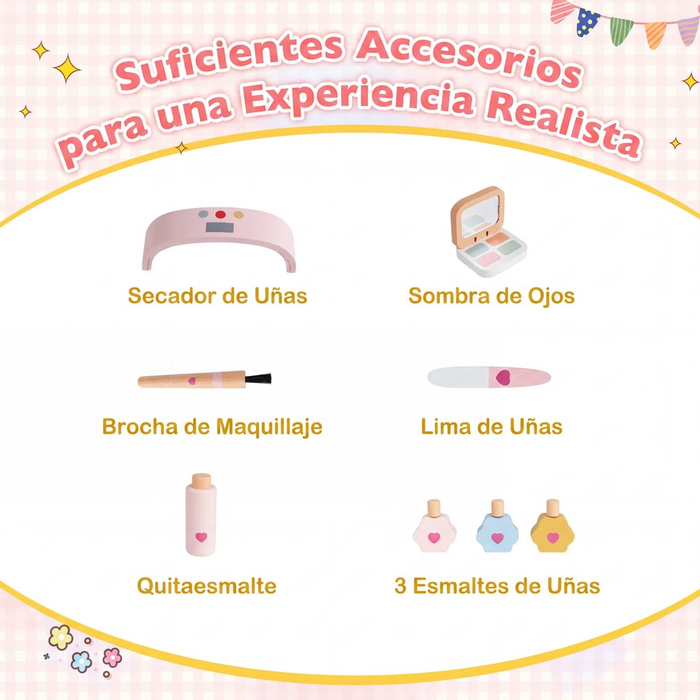 Conjunto de Mesa de Manicure Infantil com Cadeira e Banco, 60 x 34 x 49 cm, Design 2 em 1, Rosa