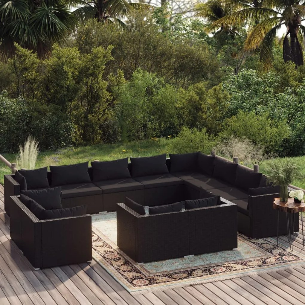 vidaXL 12 pcs conjunto lounge de jardim c/ almofadões vime PE preto