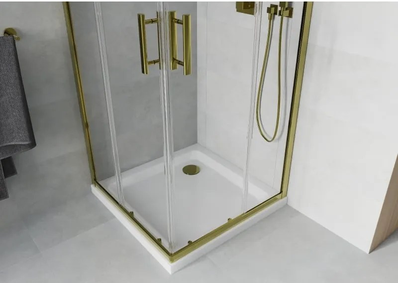 Mexen Rio cabine de duche quadrada 90 x 90 cm, transparente, dourada + base de duche Flat, branco - 860-090-090-50-00-4010G