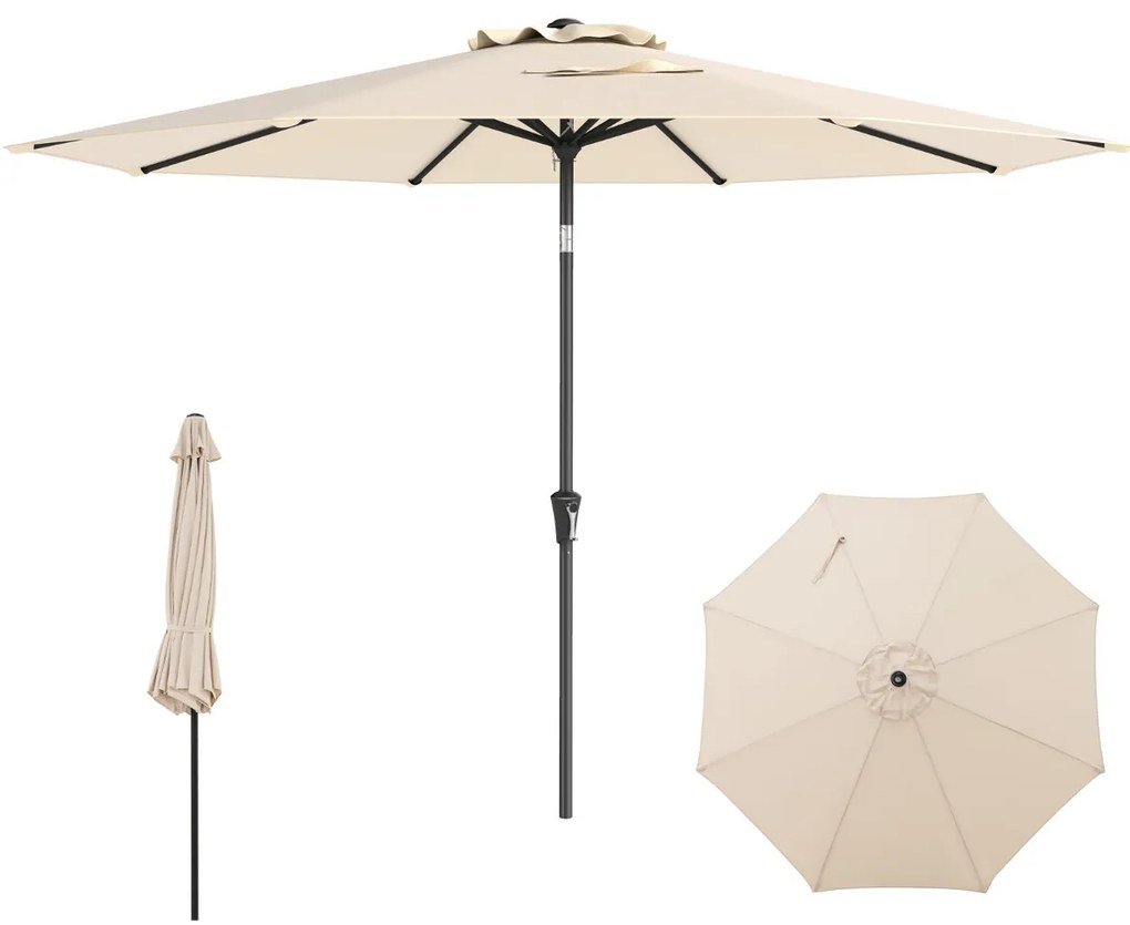 Guarda-sol de jardim 303 cm  com manivela, inclinação com botão, 8 varas, toldo duplo, impermeável e protetor solar Bege