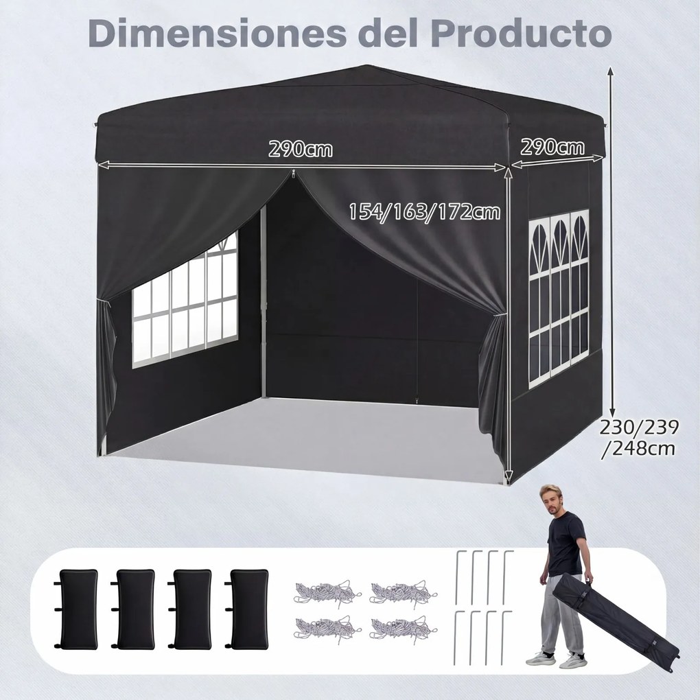 Tenda jardim, feiras, eventos Pop-up Dobrável 290 x 290 cm com 4 paredes laterais removíveis e altura ajustável Preta